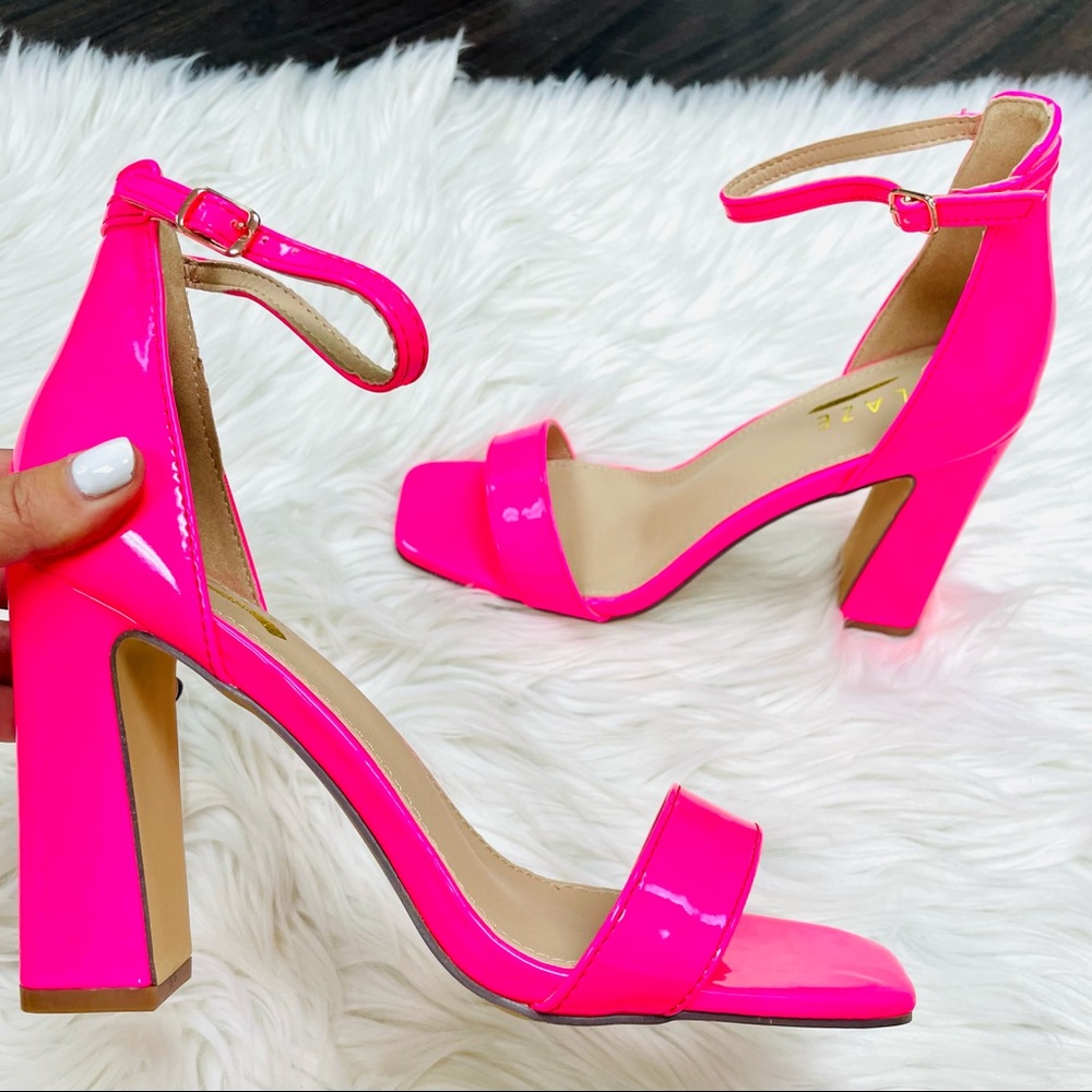 Neon pink patent heel